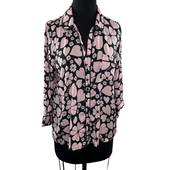 KATE SPADE Black Pink Top Clover Hearts Print Collared PJ Button-Up Medium M - Picture 1 of 11